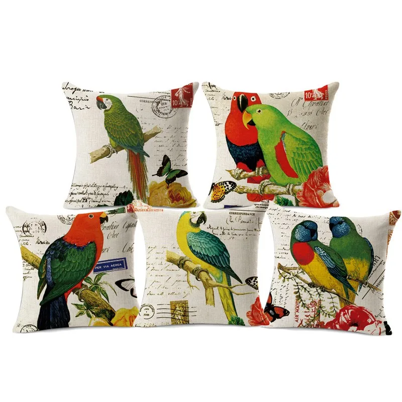 

New Fashion 3D Bird Printed Linen Throw Pillow Case Personality Cushion Cover Cute Parrot Cojines Square Almofadas Free Shipping