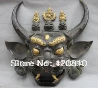 

Exquisite 14" Bronze Copper Gilt Yamantaka Head Mask Hayagriva Buddha Face Bull Ox Statue