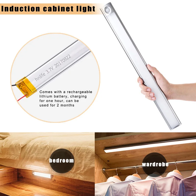 

HOT LED Motion Sensor Night Light USB Rechargeable for Wardrobe Cabinet Kitchen Corridor TI99