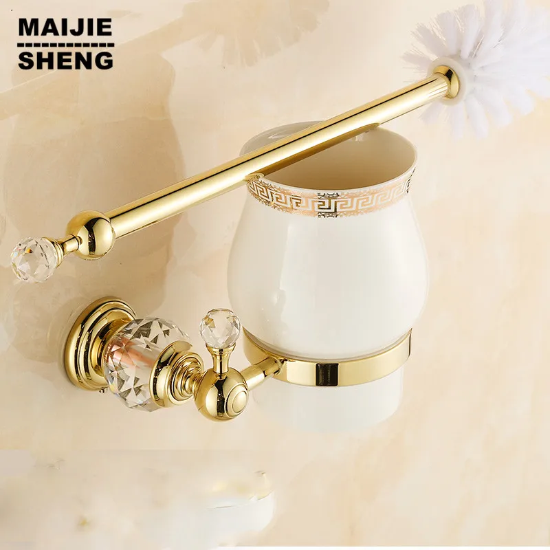 Luxury Golden European style Brass Crystal Toilet Brush Holder,Gold