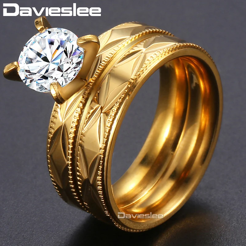 Davieslee Wedding Ring Set For Men Women Couple Promise Engagement Band CZ Stone Gold Tone Stainless Steel DKR139