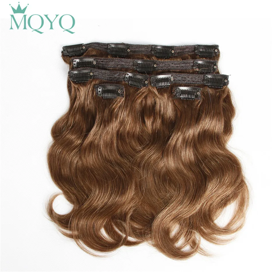 

MQYQ Hair Body Wave Clip in Hair Extensions #3 Light Brown 100% Real Human Hair 6pcs Brazilian Clip on Hair Extension