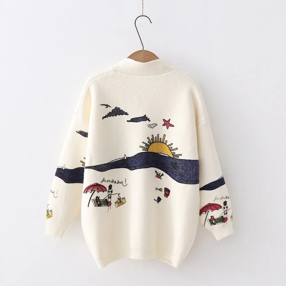 Women Sweaters Embroidery Knit Cardigans Christmas Sweater Print Women V-Neck Casual Loose Outerwear Long Sweater