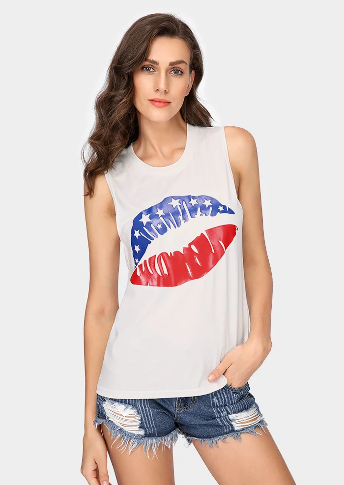 Free shipping America Flag Lip Print top Graphic tees Women tank top