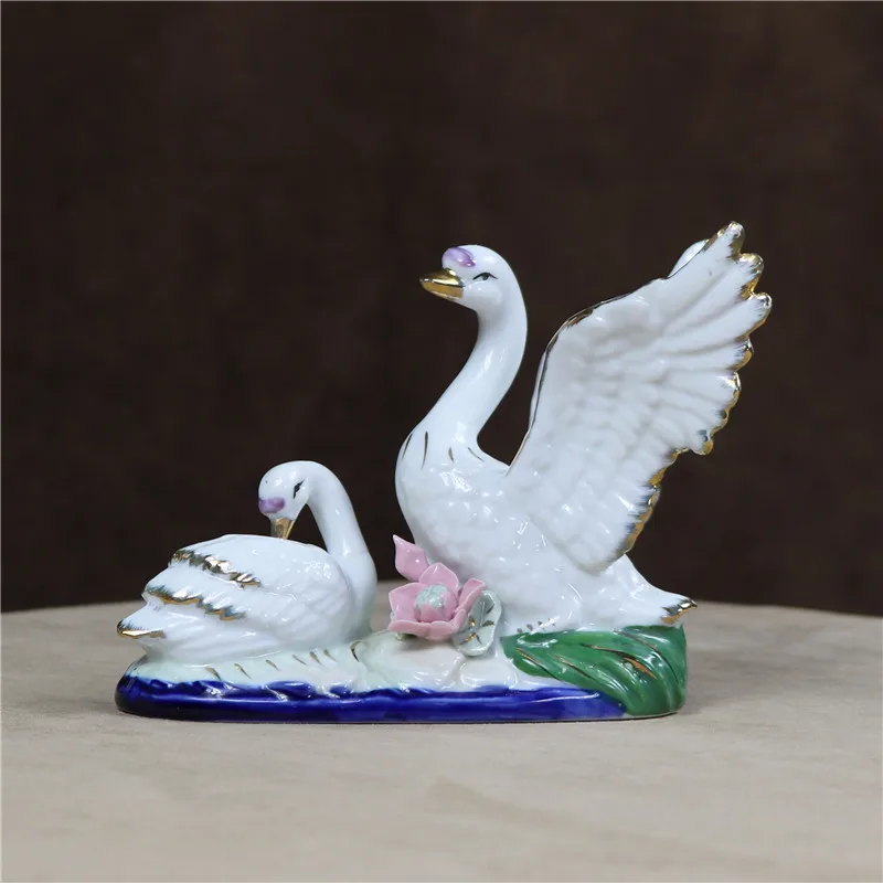 Porcelain Lovers Swan Miniature Ceramic Swan Couple Statue Lotus