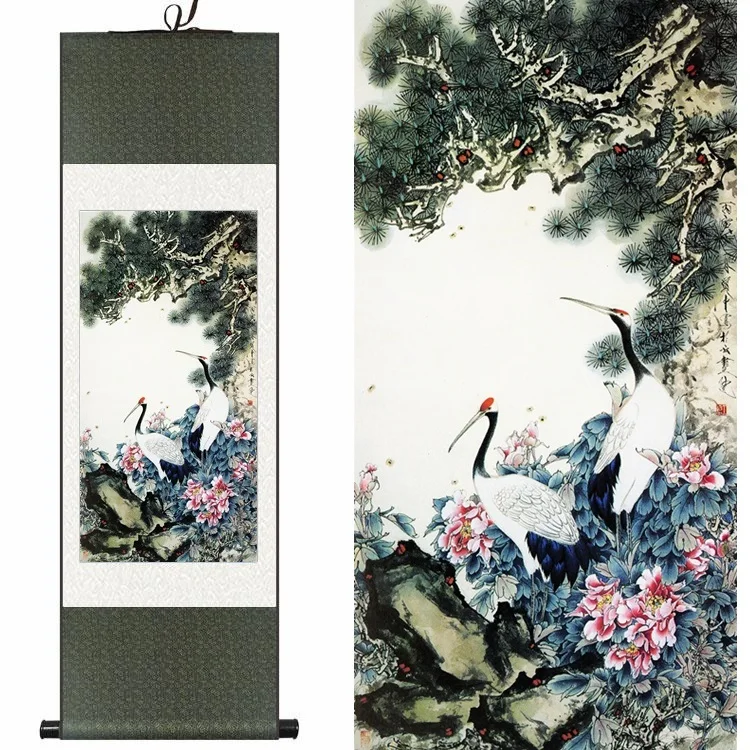 

Chinese Silk watercolor flower and birds Rich Peony Pine Hok Crane ink art canvas wall picture damask framed scroll painting