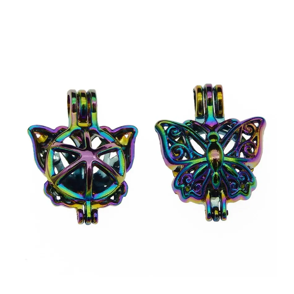 10pcs Rainbow Color Zinc Alloy Pearl Cage Pendants Aromatherapy Animal Butterfly Essential Oil Diffuser Jewelry Necklace DIY