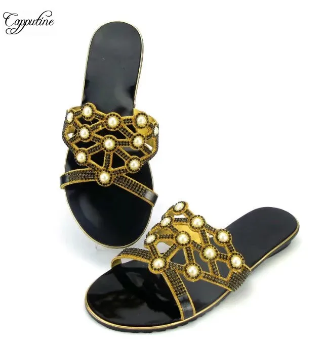

Factory price African leisure slipper shoes in balck with pearl and stones ABS1115, heel height 2.5cm
