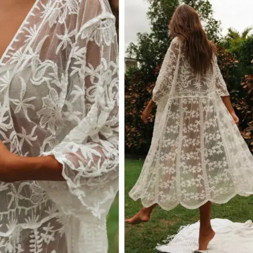 See-through Women Lace Kimono Beach Blouses Woman Cardigan Cover Up Wrap Long Blouse 2019 NEW Arrival