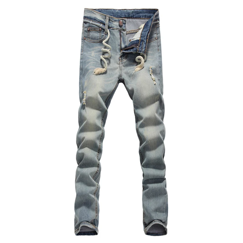 

Men Jeans Ripped Skinny Slim Fit Sashes Pants Tapered Men Drawstring Man Jean Trousers Vintage Casual Pants for Boys Students
