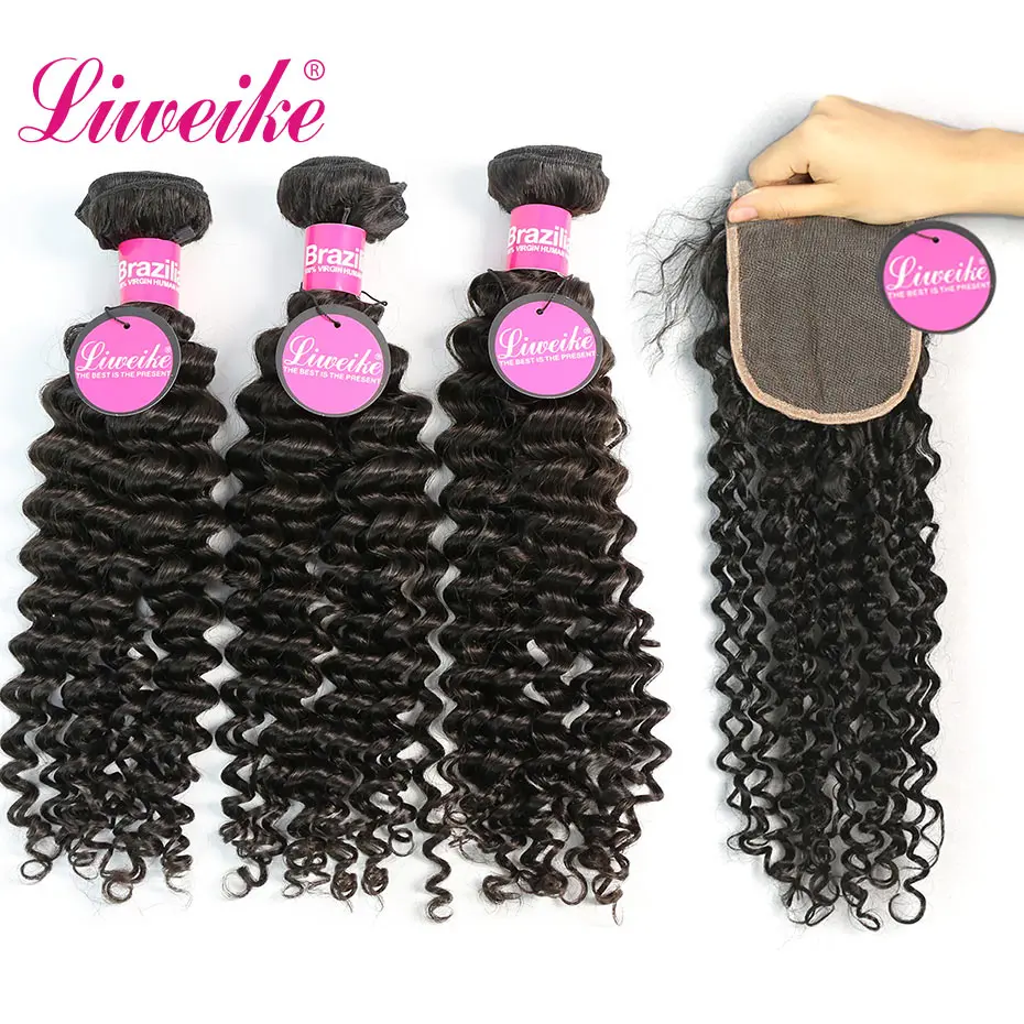 

Liweike Human Hair Deep Curly 2 3 4 Bundles With 4*4 Closure Remy Brazilian Extensions 1B Color Full Ends Double Weft Weave