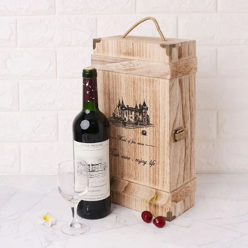 Vintage Wood 2 Red Wine Bottle Box Carrier Crate Case Storage Carrying Display Holder Birthday Party Christmas Gift