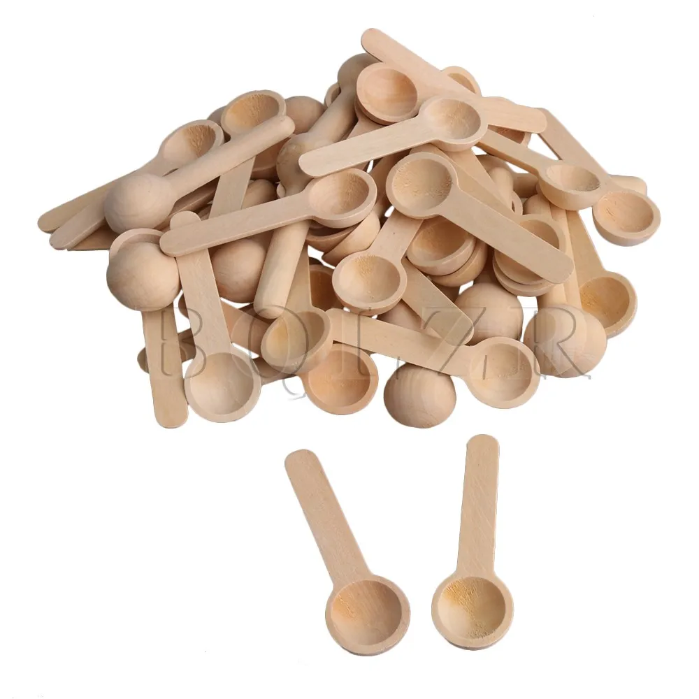 

BQLZR 7.5x2.4x1.3cm Small Round Wooden Kitchen Spoons for Salt Seasoning Honey Coffee Spoon Pack of 50
