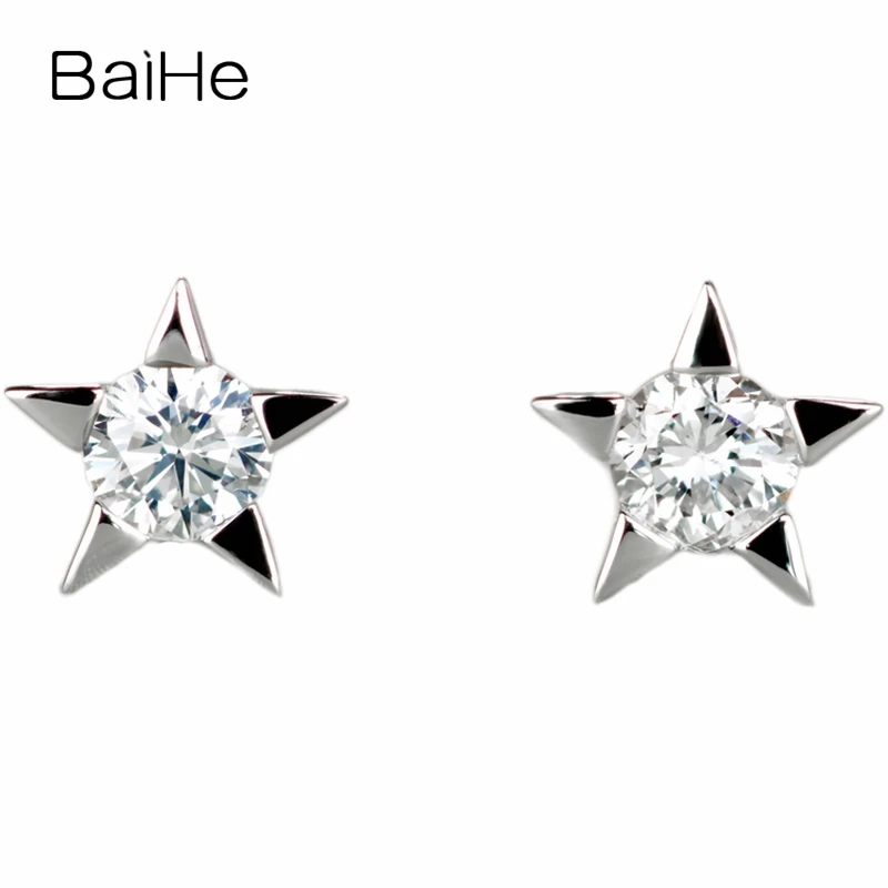 BAIHE Genuine Solid 14K White Gold Diamond Earrings Anniversary Trendy Star Stud Fine Jewelry Making Birthday Present | Украшения и