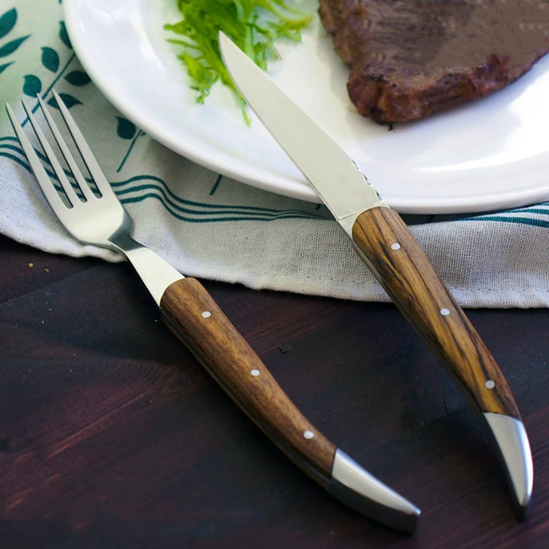 

Stainless Steel Steak Knife And Fork Set Wooden Handle Flatware Set Dinner Fork Zebra Wood Tableware Kitchen Tools Sharp Knife