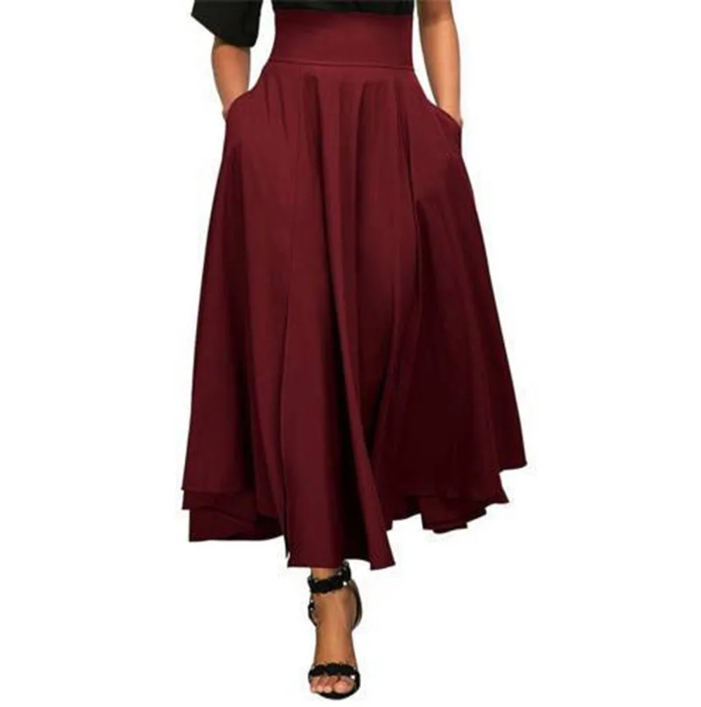 

Feitong Casual Solid Color Big Swing Skirt Womens Daily High Waist Wrap Maxi Long Skirts Pleated Office Work Skirt trendyol #C