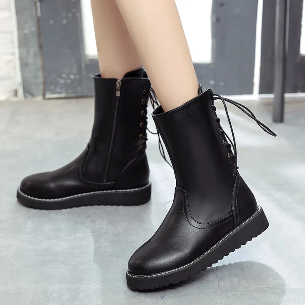 

Women's winter boots women flat Fashion Round Leather Middle Boots Flat Shoes Martin Boots boots women leather #g10