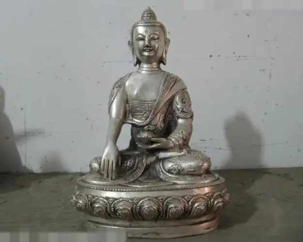 

S7079 Tibet Buddhism Fane White Bronze Silver Dragon Sakyamuni Buddha Hold bowl Statue D0318