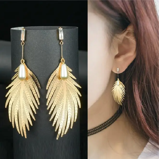 

Hot Sale Long Statement Rhinestone Water Drop Pearl Gold Color Feather Pendant Big Dangle Drop Earring for Women Jewelry Brincos