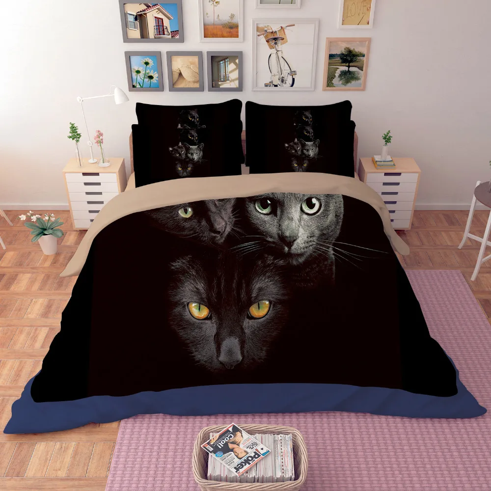 3d الحيوان القطة السوداء الطباعة الفراش تعيين التوأم الملكة الملك الحجم البوليستر نوم مجموعة ملاءات السرير لحاف Cover160 * 210 200*230 220*240 سنتيمتر