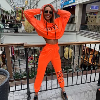 Orange Green Two Piece Oversized Hooded Sweatshirt and Sweatpants Set Women Two Pieces Sets 2019 Autumn Sportswear Two Piece Set two empresses