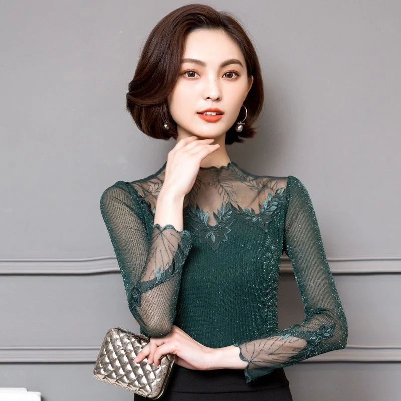 

Hollow Out Women Spring Autumn Style Lace Blouses Shirts Casual Long Sleeve Patchwork Spliced Turtleneck Blusas Tops DF2089