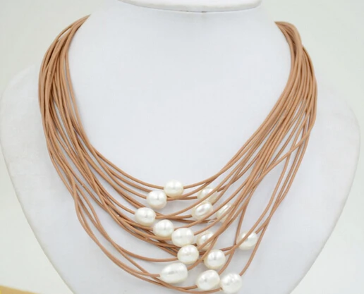 

ddh003224 15strands 12mm white rice freshwater pearl coffee leather necklace