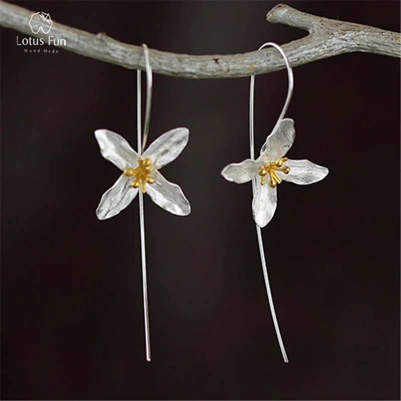 

Lotus Fun Real 925 Sterling Silver Drop Earrings for Women Clover Flower Hook Long Earing Druzy Bohemian Earrings Fine Jewelry