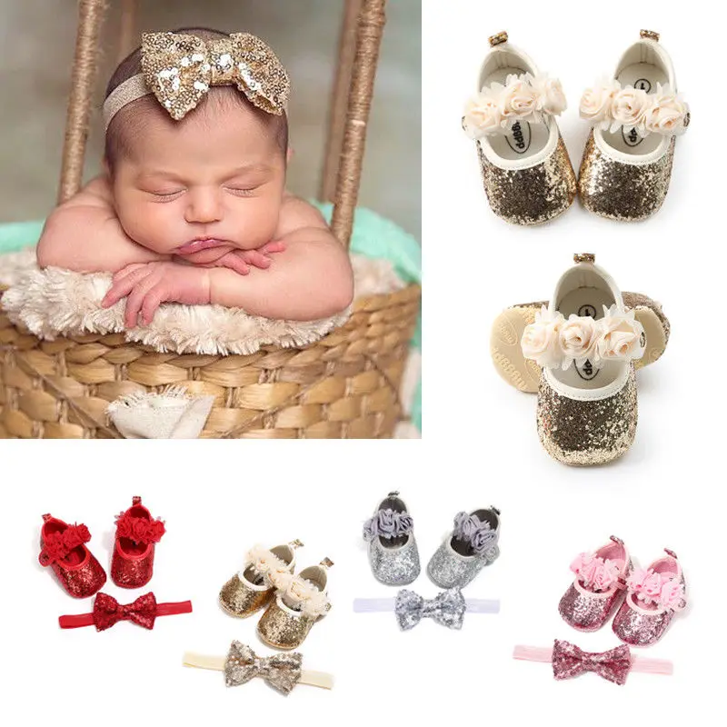 Блестки пайетки для новорожденных девочек обувь для кроватки+ повязка на голову обувь на мягкой подошве милые летние ботинки для малышей