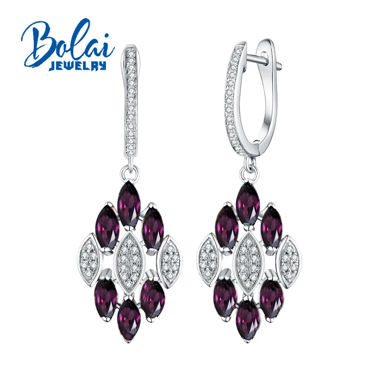 

Bolaijewelry, natural rhodolite gemstone Clasp Dangle Earrings Pure 925 Sterling Silver Fine Jewelry For Women Girl party wear