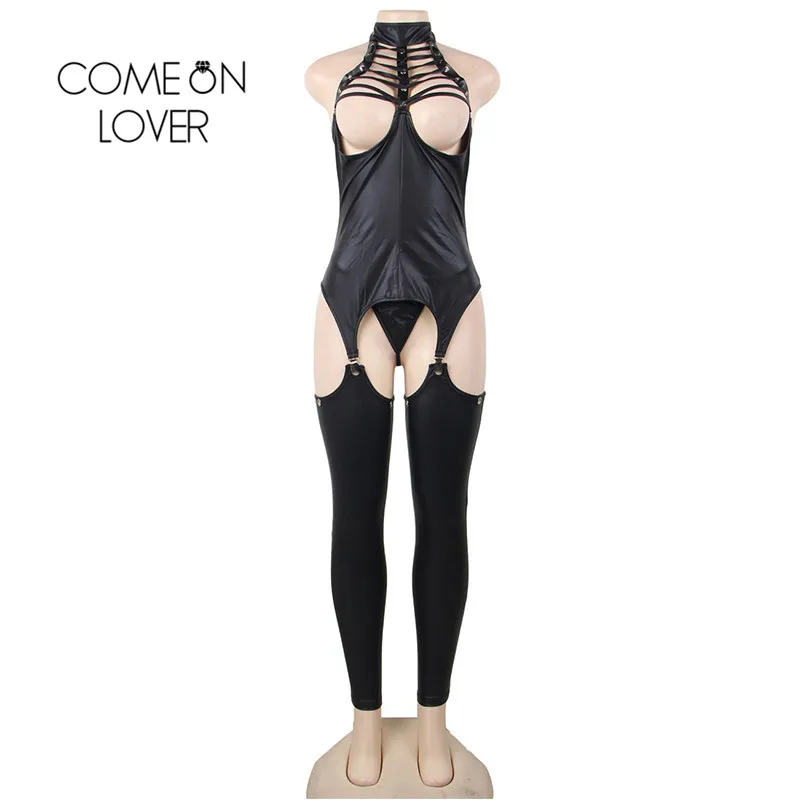 

Comeonlover Sexy Lingerie One Piece Women Crotchless Leather Jumpsuit RI80755 Body Underwear Open Cup Backless Teddy Lingerie