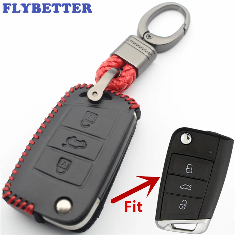 

FLYBETTER Genuine Leather 3Button Original Folding Key Fob Protector Case Cover For Vw Golf7/MK7 For Skoda Octavia/A7 L424