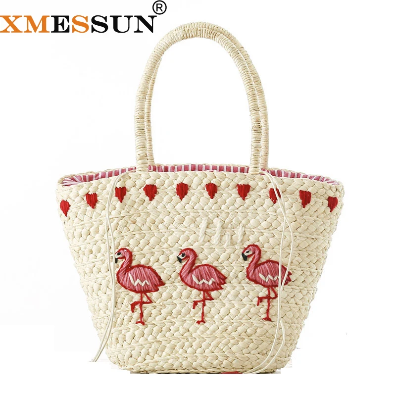 

XMESSUN Brand 2018 New Embroidery Women's Hand Bag Large Straw Shoulder Bag Fashion Flamingo Beach Bags Big Tote Woven Bag L204