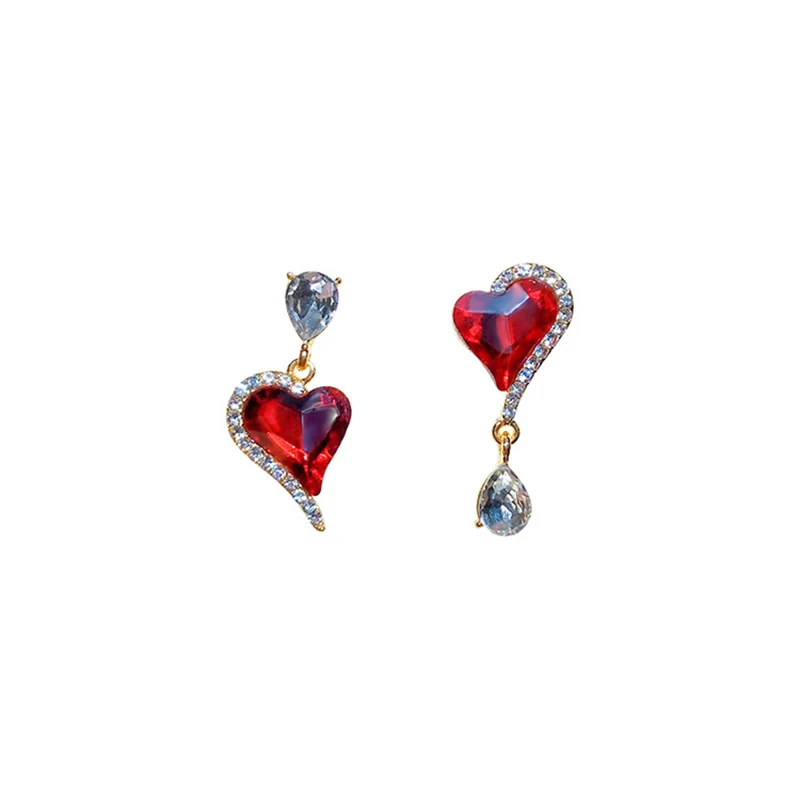 

Silver Pins Red Heart-shaped Crystal Stud Earrings for Women Irregular Fashion Korean Temperament Earrings Best Jewelry Gift