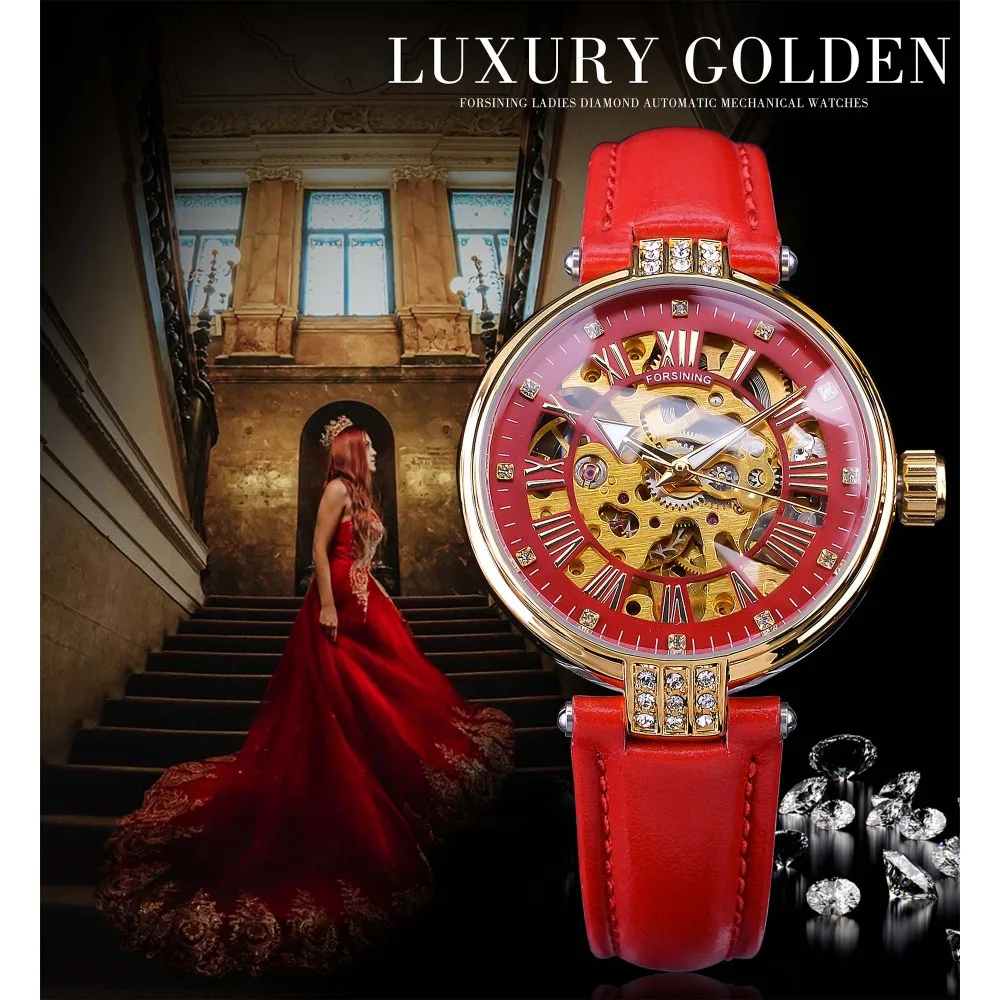 Koop Forsining 2019 Golden Skeleton Diamond Ontwerp Rood Lederen Band Waterdicht Lady Mechanische Horloges Topmerk Luxe Klok