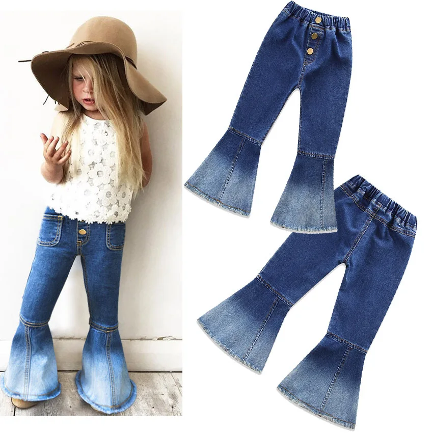 

2018 New autumn girls patchwork color bellbottom pants top quality baby kids boot cut jeans spring cute girls trousers 17N1120