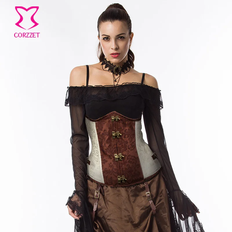 

Brown Burlesque Gothic Corselet Steampunk Steel Boned Corset Waist Trainer Corsets Underbust Waist Trainer Korsett For Women