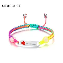 Браслет Meaeguet с гравировкой медицинского оповещения ID, регулируемый браслет с радужной веревкой, цепочка на запястье, индивидуальная информация, ювелирные изделия, не аллергические