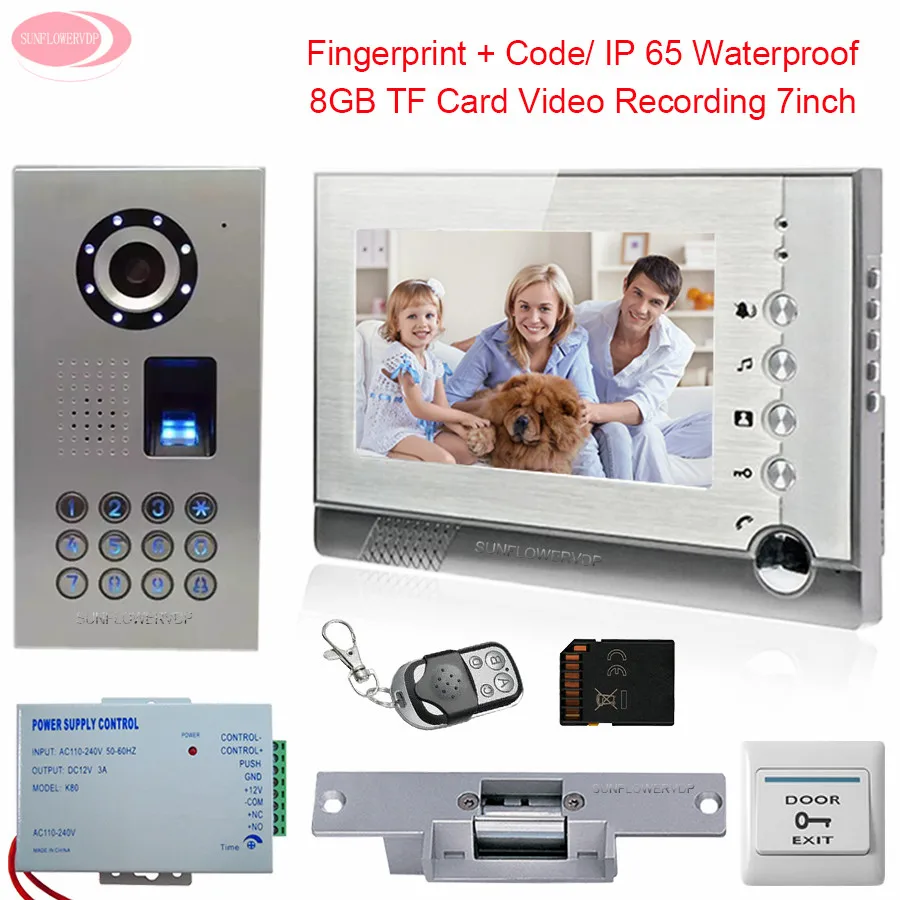 

7'' Color Monitor Video Door Phone Intercom With Recording Outdoor Fingerprint Keyboard Doorbell With Electric Lock +8GB SD Card