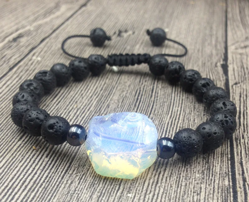 

YA2869 Opal Stone Black 8mm Lava Beads Knot Adjustable Bracelet 6.5inch long