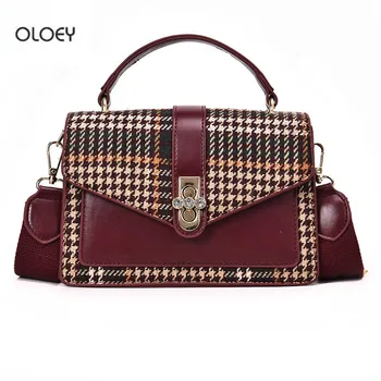 

OLOEY Women's Autumn Winter Tote Bag New Vintage Houndstooth Square Bag Wide Shoulder Crossbody bag Woolen Plaid Head Bag