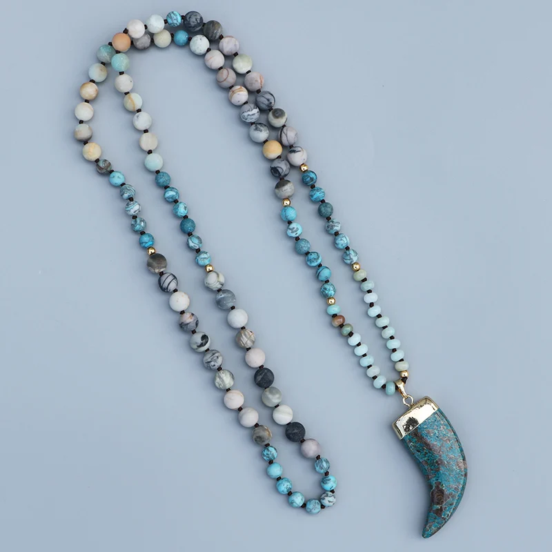 Comprar Collar con Colgante de Piedra azul del océano EDOTHALIA para mujer 108 cuentas de Picasso y amazonita, collar de piedra azul mágica mala de yoga