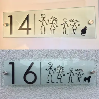 

MODERN HOUSE SIGN PLAQUE DOOR NUMBER STICK MAN FAMILY DOG/CAT GLASS ACRYLIC