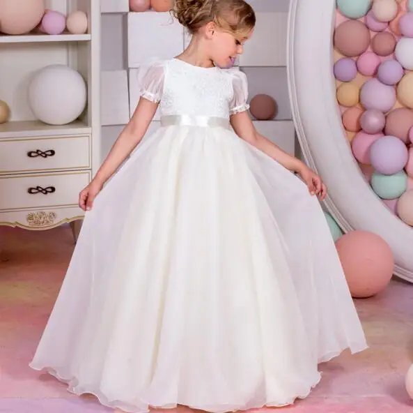 

White Lace Short Sleeves Flower Girls Dresses High Quality Ball Gown Girls Pageant Gown First Communion Dress Size 4 6 8 11 14