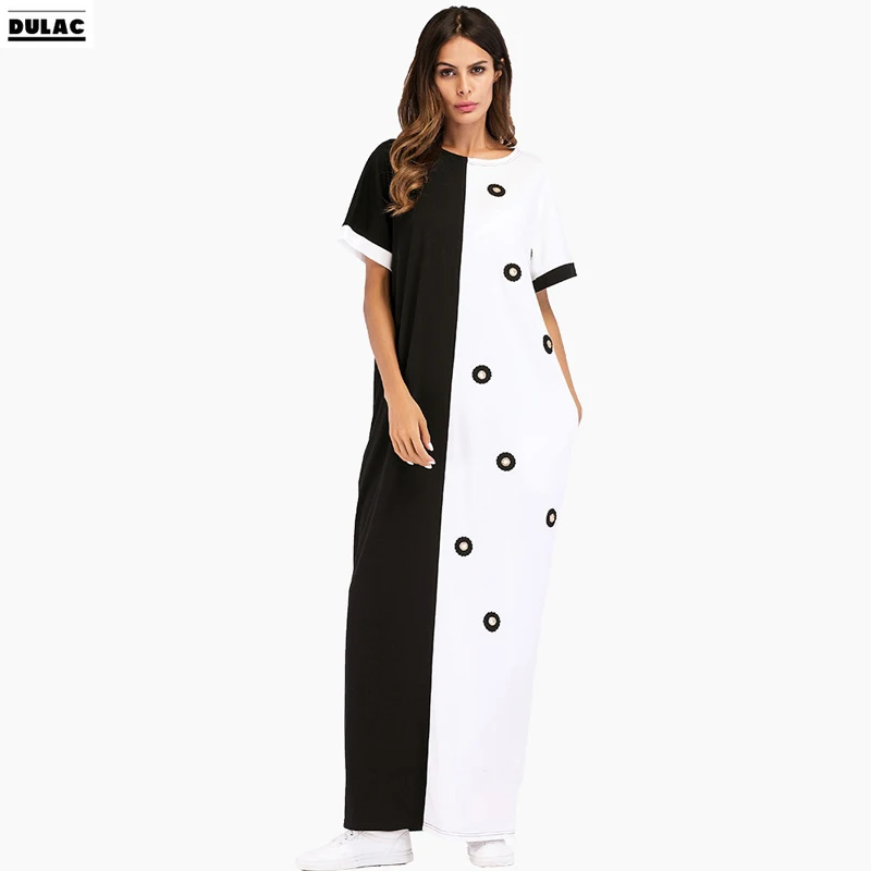 2018 Summer Women Fashion O-Neck Short Sleeved Contrast Color Abaya Gown Muslim Party Long Dress Middle East Casual Loose Robes | Женская