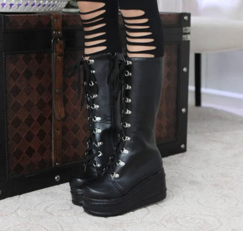 

US4-12 Womens Round Toe Knee Thigh High Boots Wedge Heels Platform Cosplay Shoes Lace Up Black White Plus Sz A938