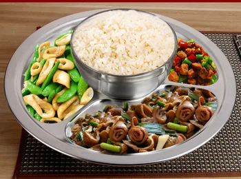 

Children's Snack Plate Fast Food Dish Stainless Steel Tray Three Grid Frame Metal Plate Dining Hall Meal Tray Round Food Plate