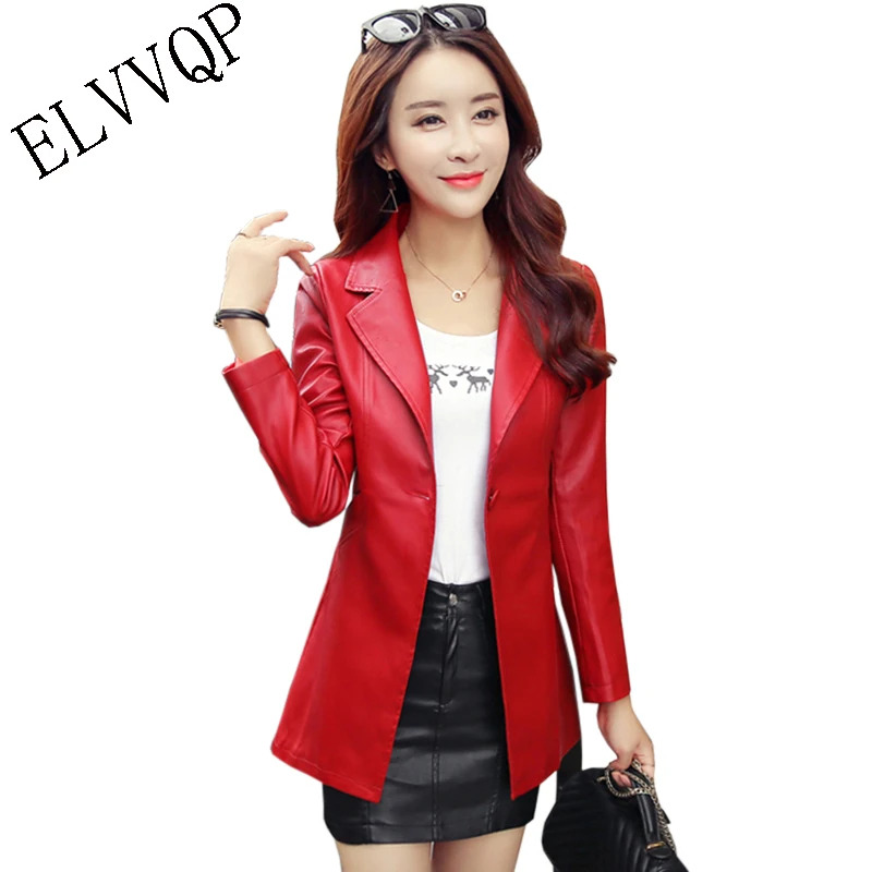 2018 Autumn Winter Red Black Leather Jacket Women PU Long