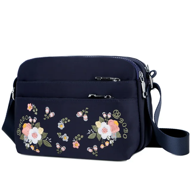 Luxury Brand Flower Shoulder Bag Women Small High Quality Nylon Tote Top-handle Travel Crossbody Bag Embroidery Messenger Bags Deep Blue