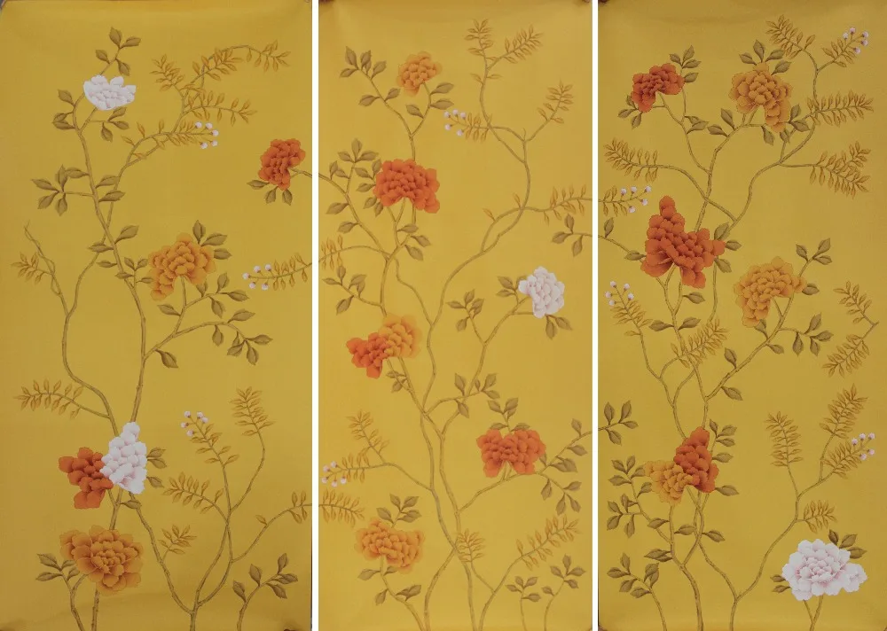 

Classic elegant Hand-painted silk wallpaper Customized painting flower with birds wallcovering many patterns/background optional